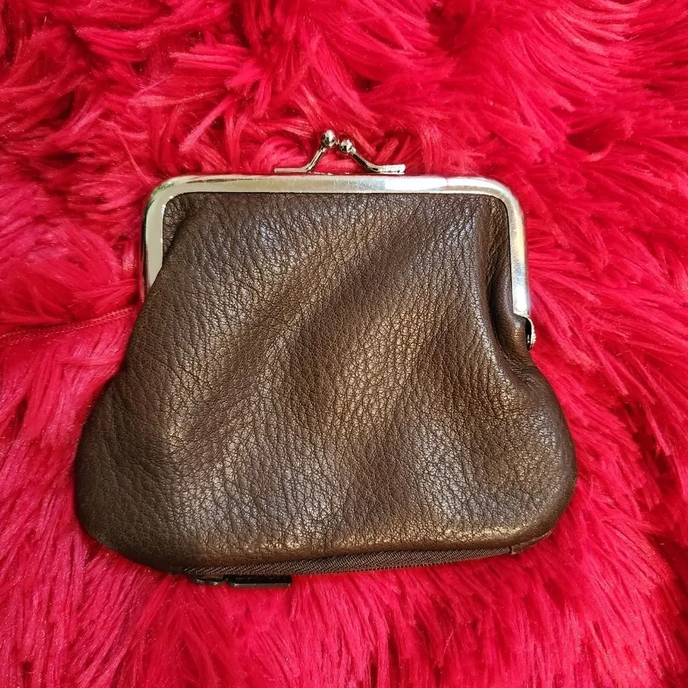 Vintage Brown Genuine Pebbled Leather Coin Pouch with Silver Toned Kiss Lock